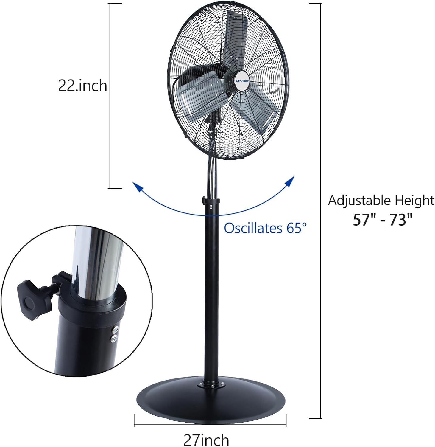 6450 CFM 24" High Velocity Pedestal Oscillating Fan, 3-Speed Adjustable Height Industrial Floor Fan with Aluminum