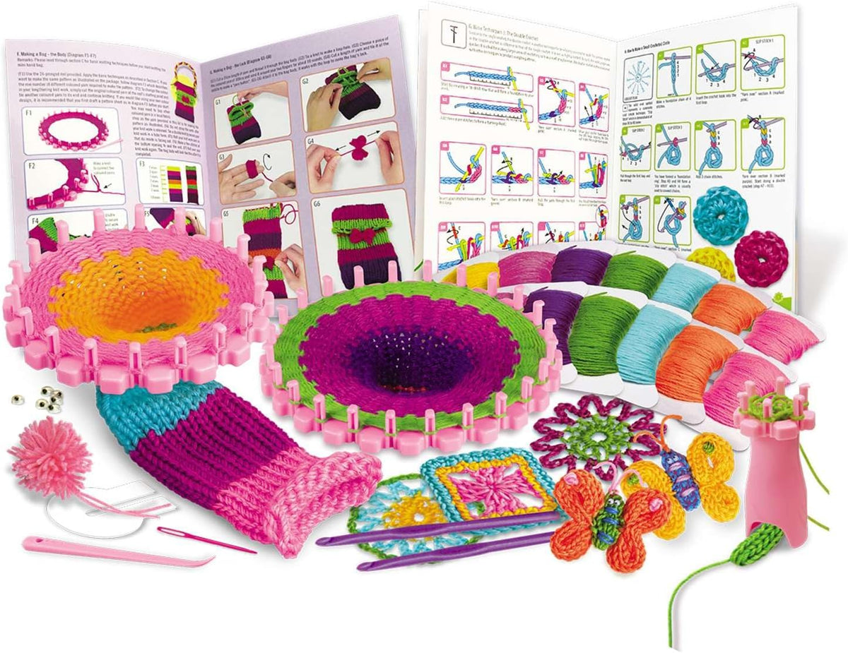 Knitting & Crochet Kit for Kids Ages 8-12 – Learn to Knit with French Knitting Reel, Crochet Hooks, Yarn, Scarf &