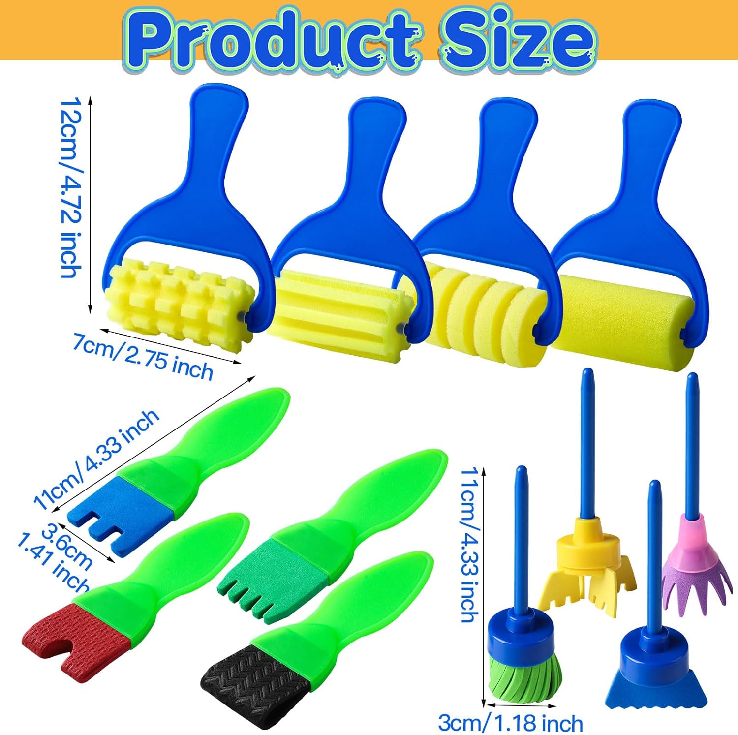 Kids Paint Brushes, 12 Pack Washable Painting Brushes for Toddlers Kids Early Learning Toys Foam Roller Sponge Arts