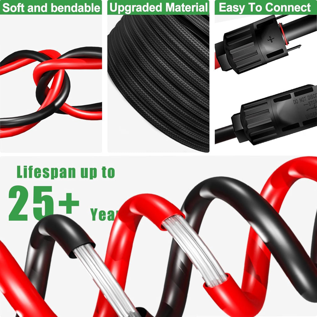 Twin Wire 30 Feet Solar Extension Cable 10AWG with -IP67- Female and Male Connector, Bonus Four Pairs of Free