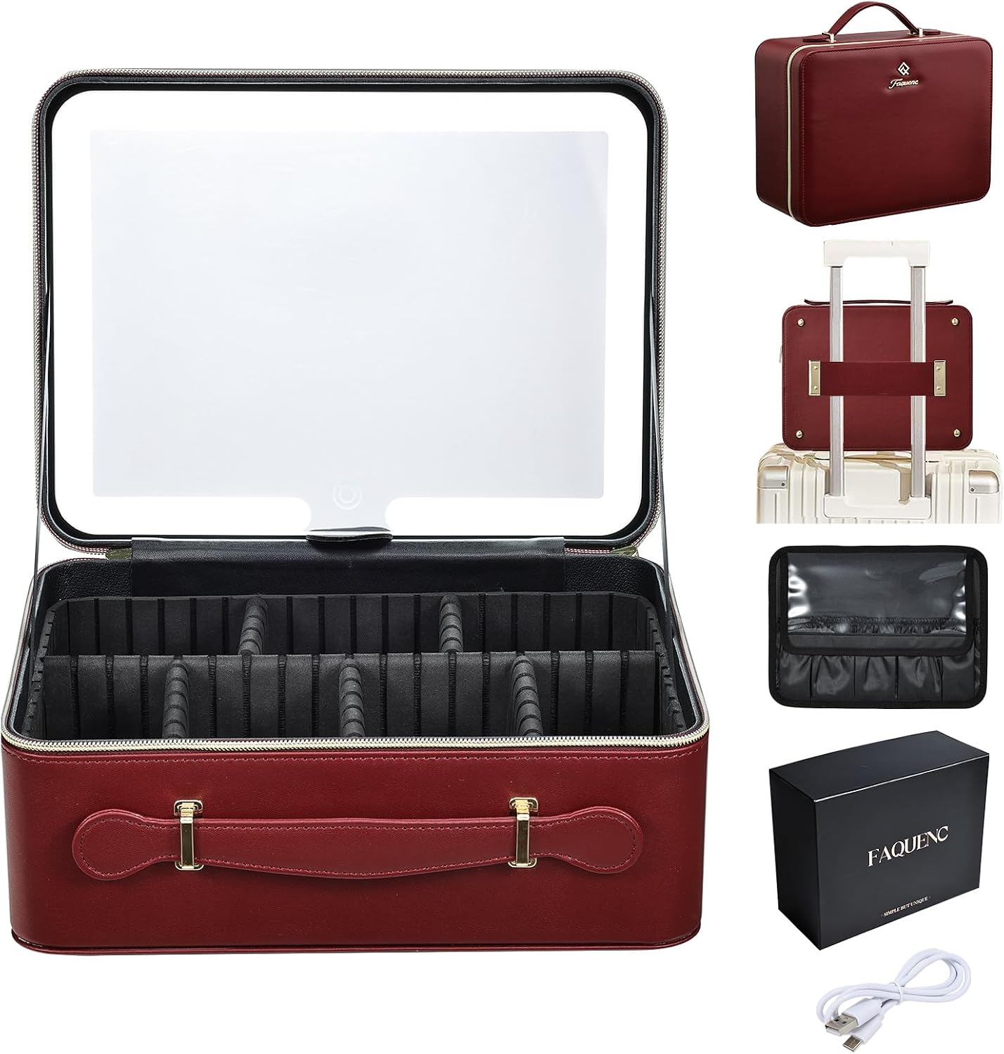 Leather Makeup Case with LED Lighted Mirror 11.4 Inch Travel Makeup Bag Adjustable Brightness in 3 Colors Cosmetic