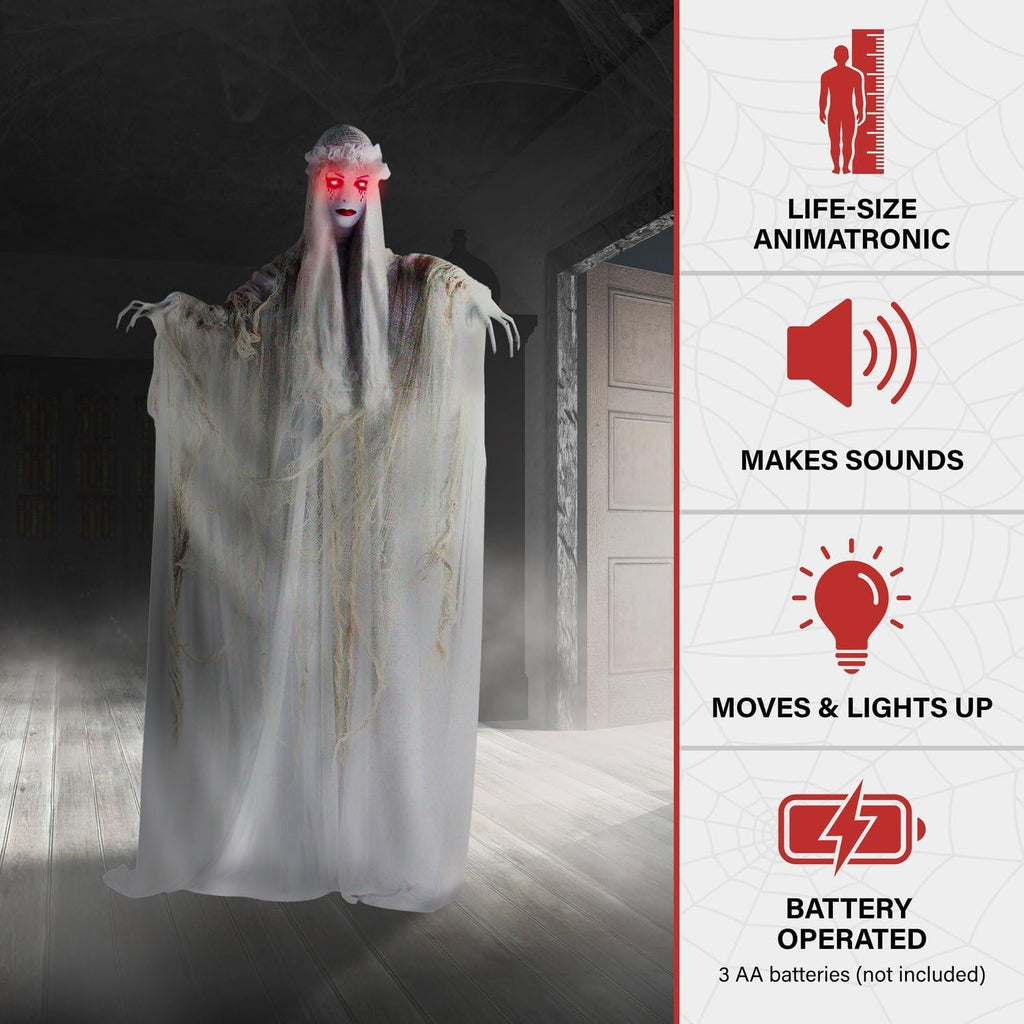 Life-Size 5.7-Ft Scary Ghost Bride, Halloween Animatronic with Touch Activated Lights and Sound, Battery Operated