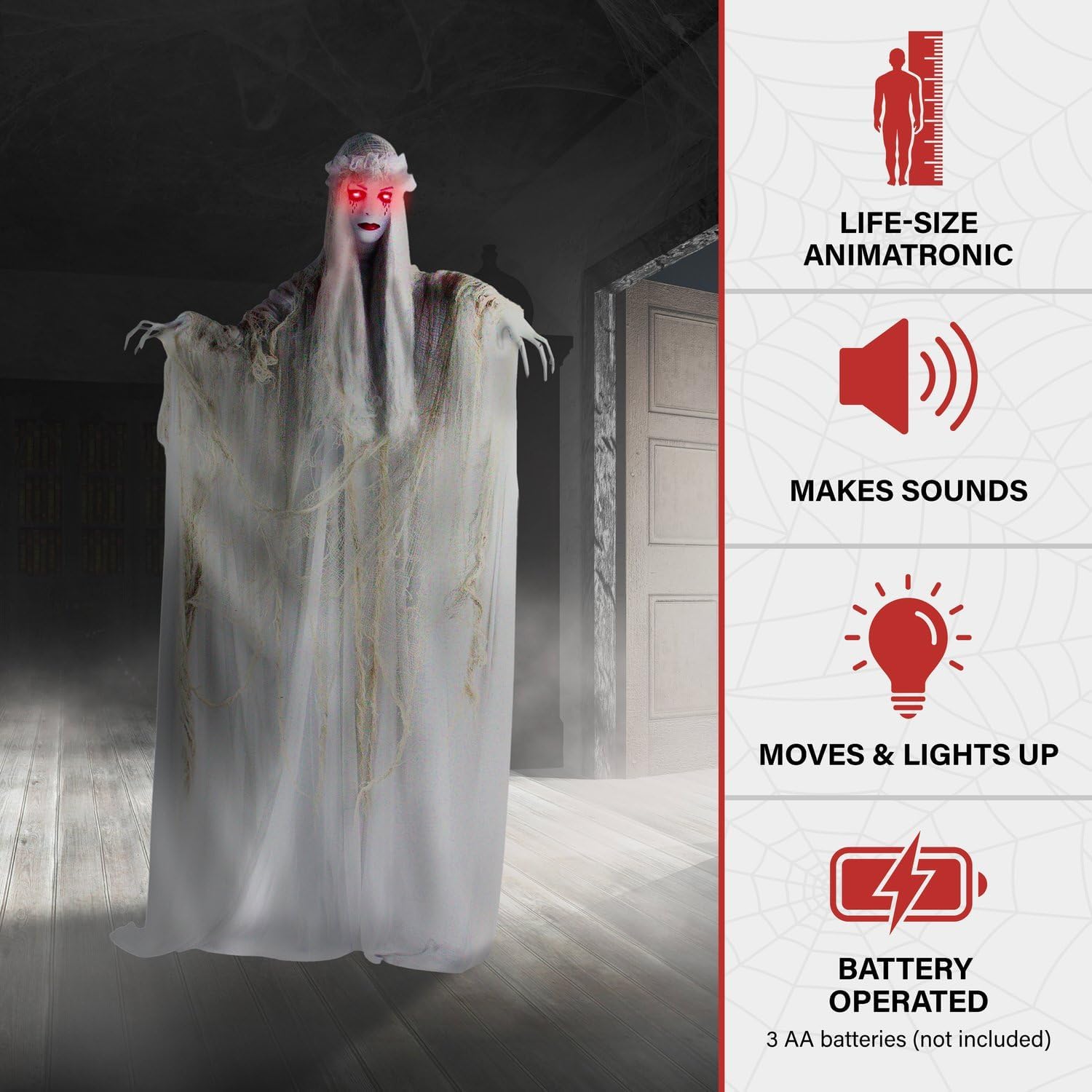 Life-Size 5.7-Ft Scary Ghost Bride, Halloween Animatronic with Touch Activated Lights and Sound, Battery Operated