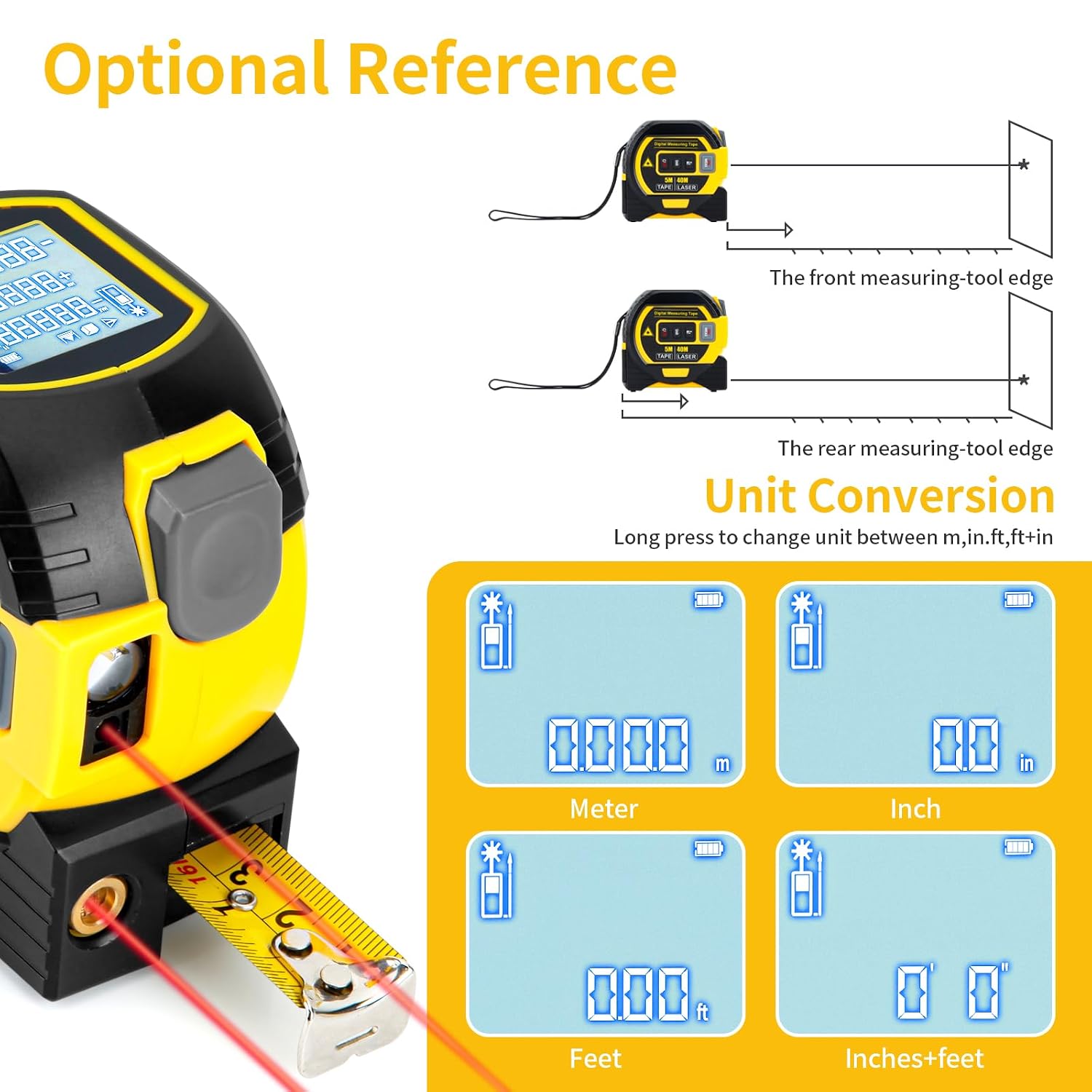5m/16ft Digital Laser Tape Measure, WTWD 100m/328ft Laser Distance Measure with Cross-Line Laser Level, Area/Volume