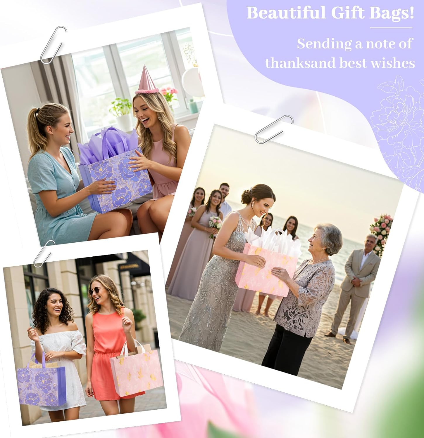 2 Pack 13" Large Beautiful Gift Bags Set with Greeting Card and Tissue Paper, Reusable Non-Woven Gift Wrap Bags with