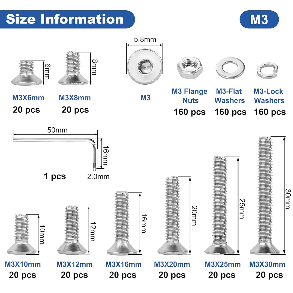 640Pcs Metric M3 Flat Head Hex Socket Cap Screws Assortment Kit, M3x 6/8/10/12/16/20/25/30 Internal Hex Drive Allen Bolts Nuts and Washers Set, 304 Stainless Steel, Fully Threaded, Pitch: 0.5mm