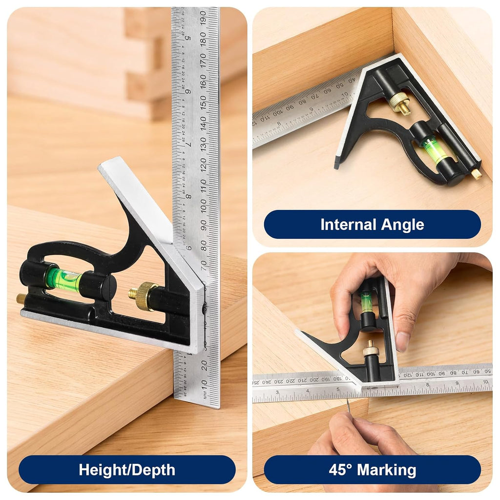 Combination Square 12 Inch and 7 Inch Carpenter Square Tool Set | Aluminum Rafter Square for Framing, Adjustable