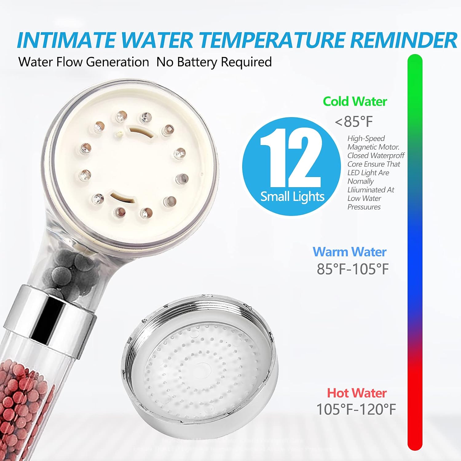LED Shower Head with Handheld, High Pressure Shower Head with Hose, Holder & PTFE Tape etc, 3 Water