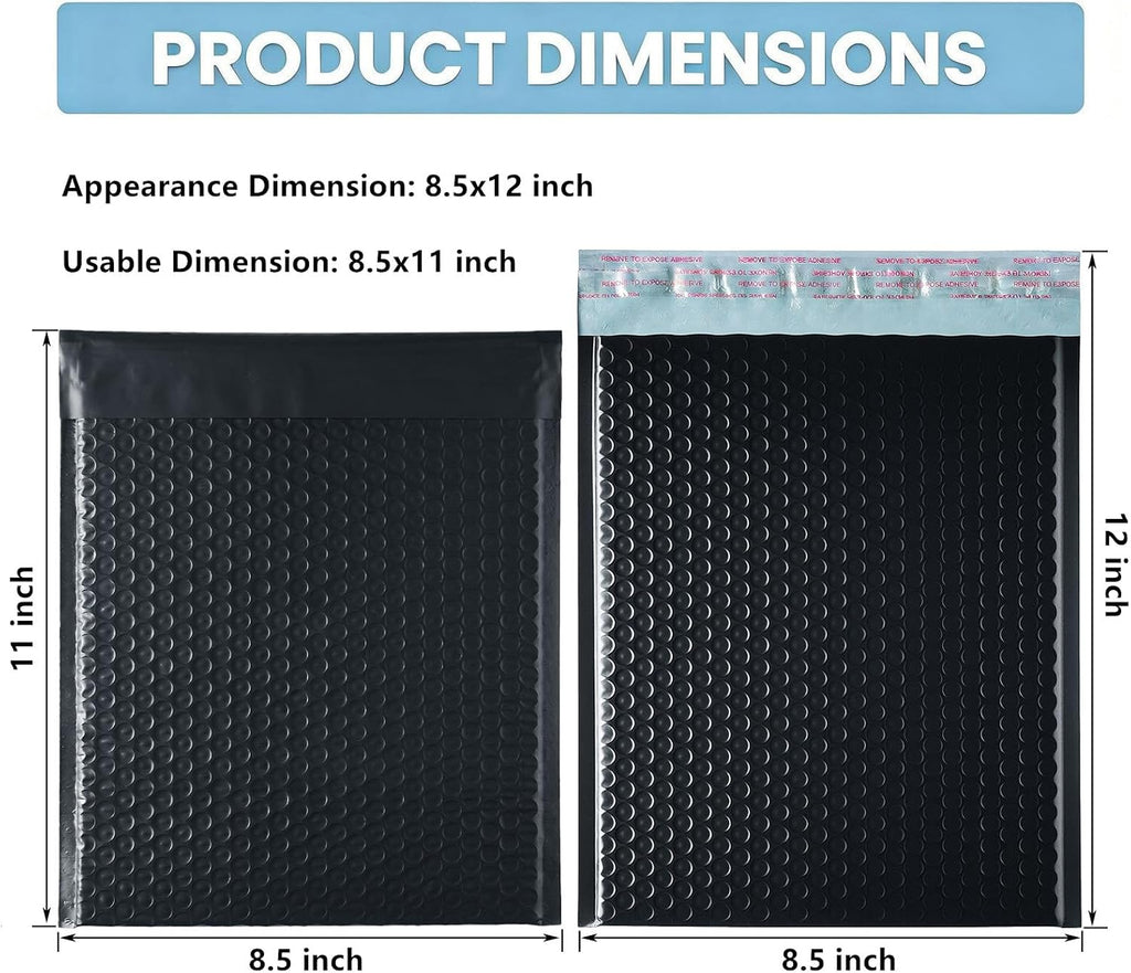 8.5x12in Black Bubble Mailers 25Pack Self-Seal Waterproof Padded Envelopes
