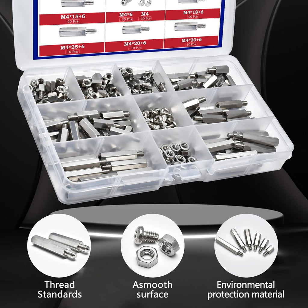 210 Pieces Hex Standoff Spacers M4 304 Stainless Steel Male Female Metric Thread Spacer Motherboard Prototyping Accessories for PCB, Quad Copter Drone, Computer & Circuit Board Assortment Kit