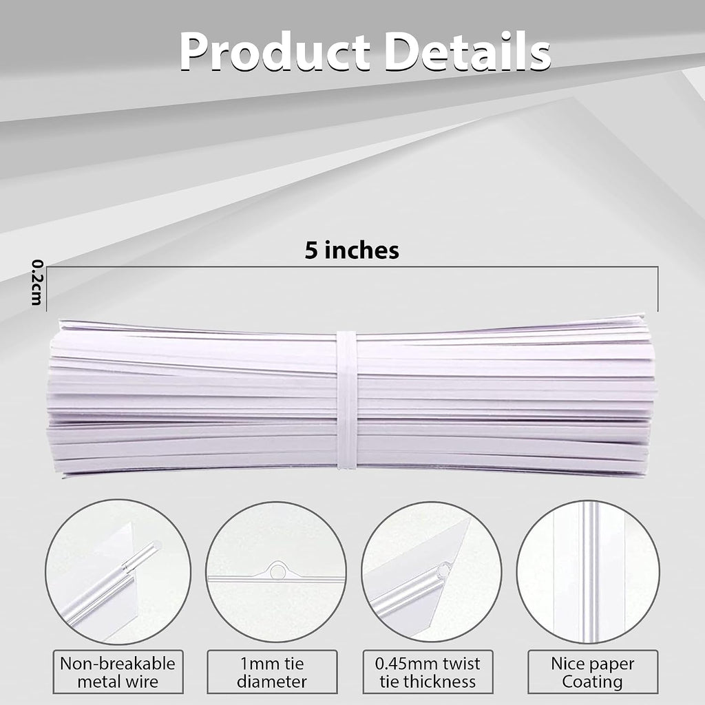 500 Reusable White Paper Bread Ties - 5" Twist Ties for Bags, Bread, Cake Pops