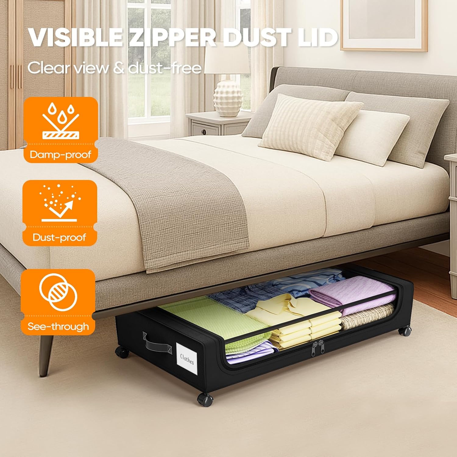 Under Bed Storage with 360° Wheels, 2-Pack, 60L Low-Profile Rolling Underbed Bins for Clothes, Shoes, Toys &