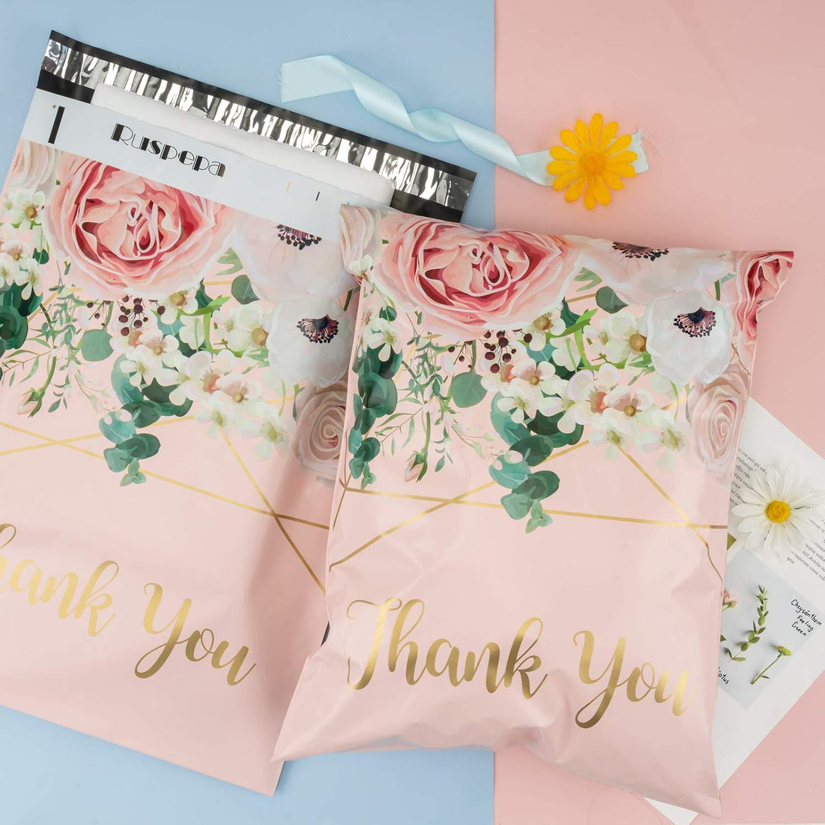 Poly Mailers Shipping Bags Thank You Notes Flowers Surrounded 3 Mil Heavy Duty Self Seal Mailing Envelopes - Pink, 12