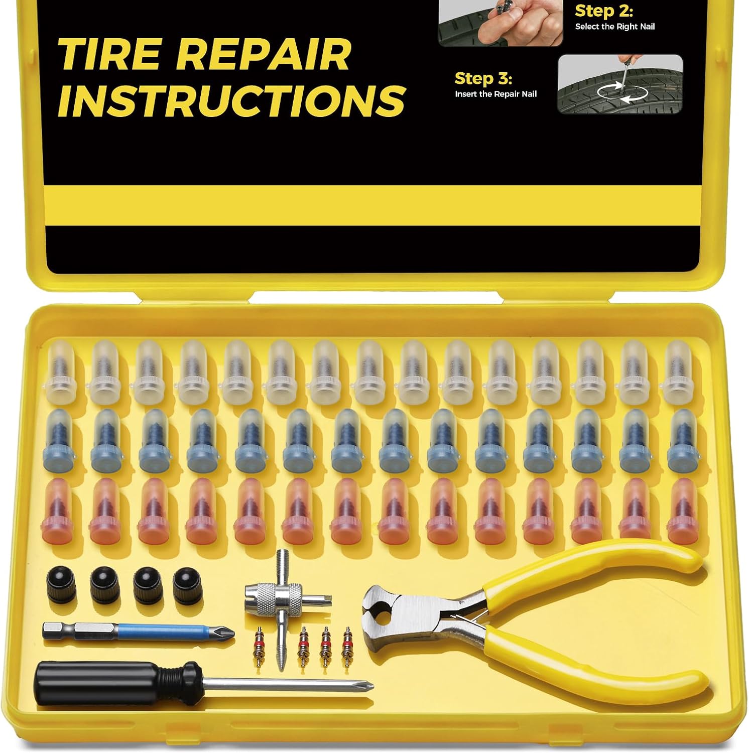 Tire Repair Kit with Tire Plug Screw Type, Heavy Duty Emergency Tool | 58pcs Value Kit, Professional Flat Tire