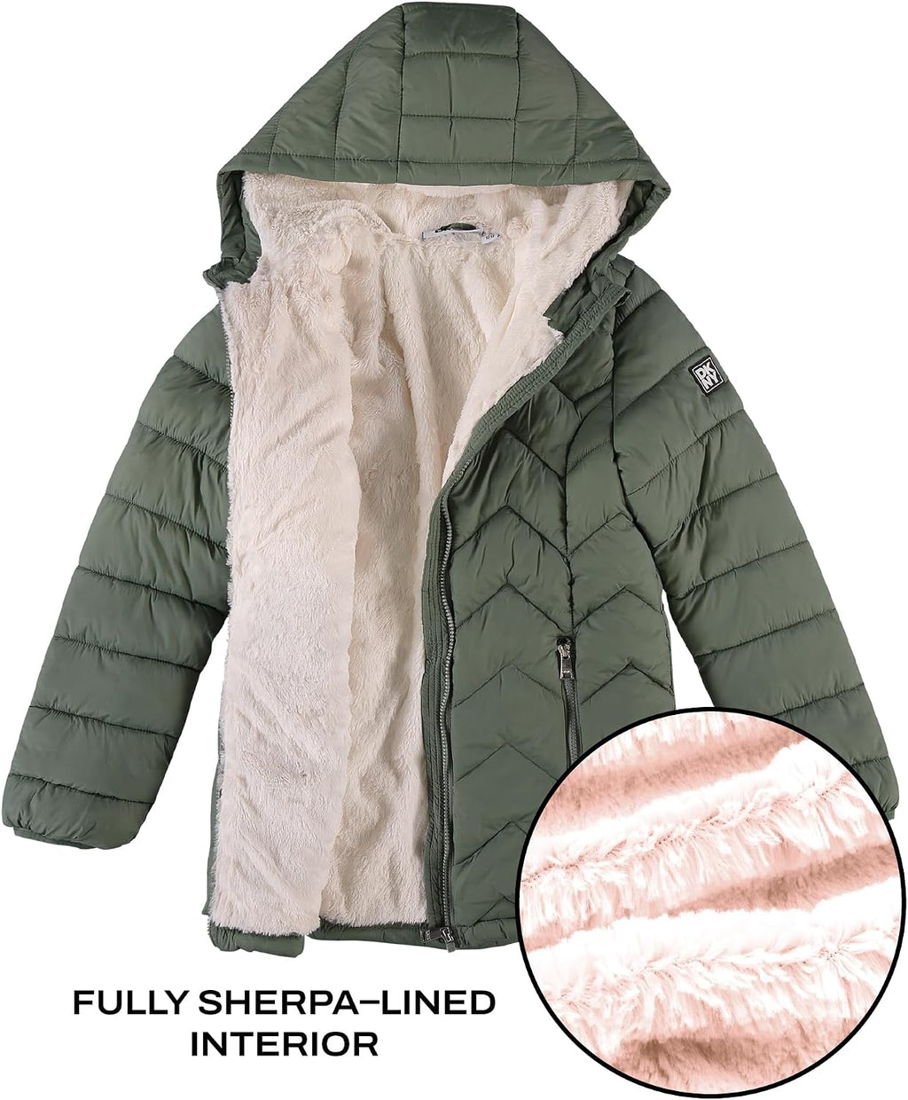 DKNY Girls Winter Jacket, Mid Length Quilted Puffer, Sherpa Insulated Coat | Full Plush Sherpa Lining for Heavyweight