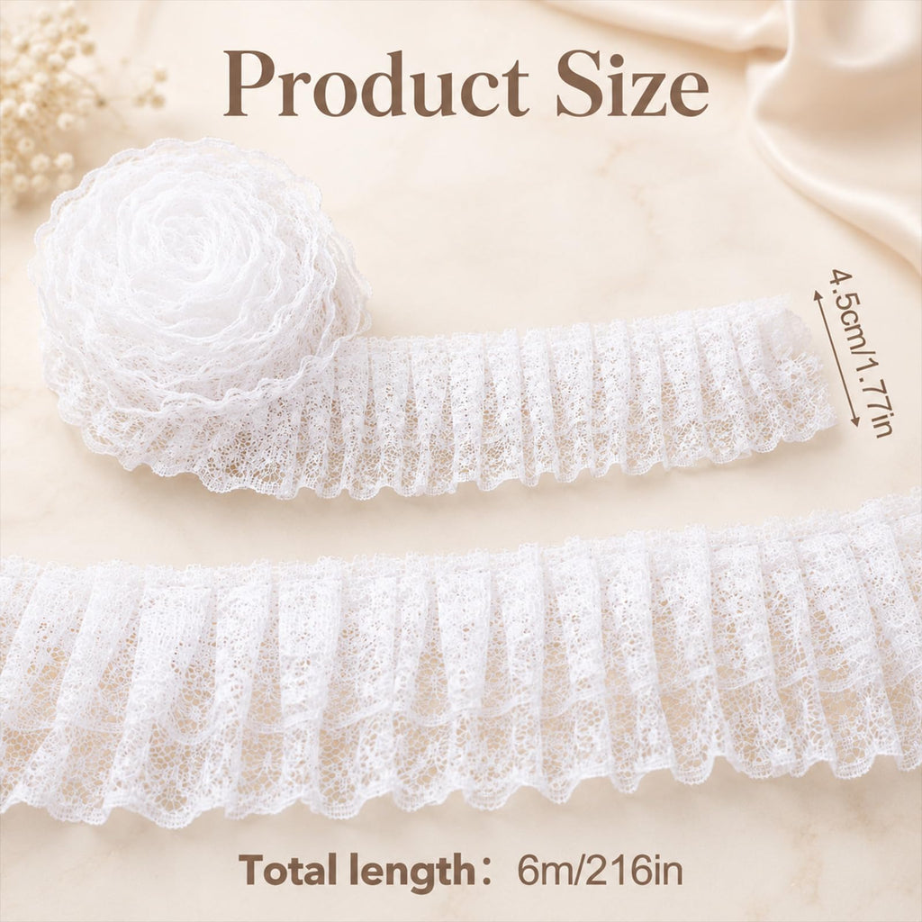 White Lace Ribbon, 1.8" x 6 Yards Double Layer Ruffle Trim