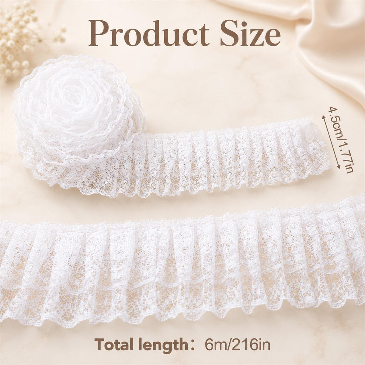 White Lace Ribbon, 1.8" x 6 Yards Double Layer Ruffle Trim