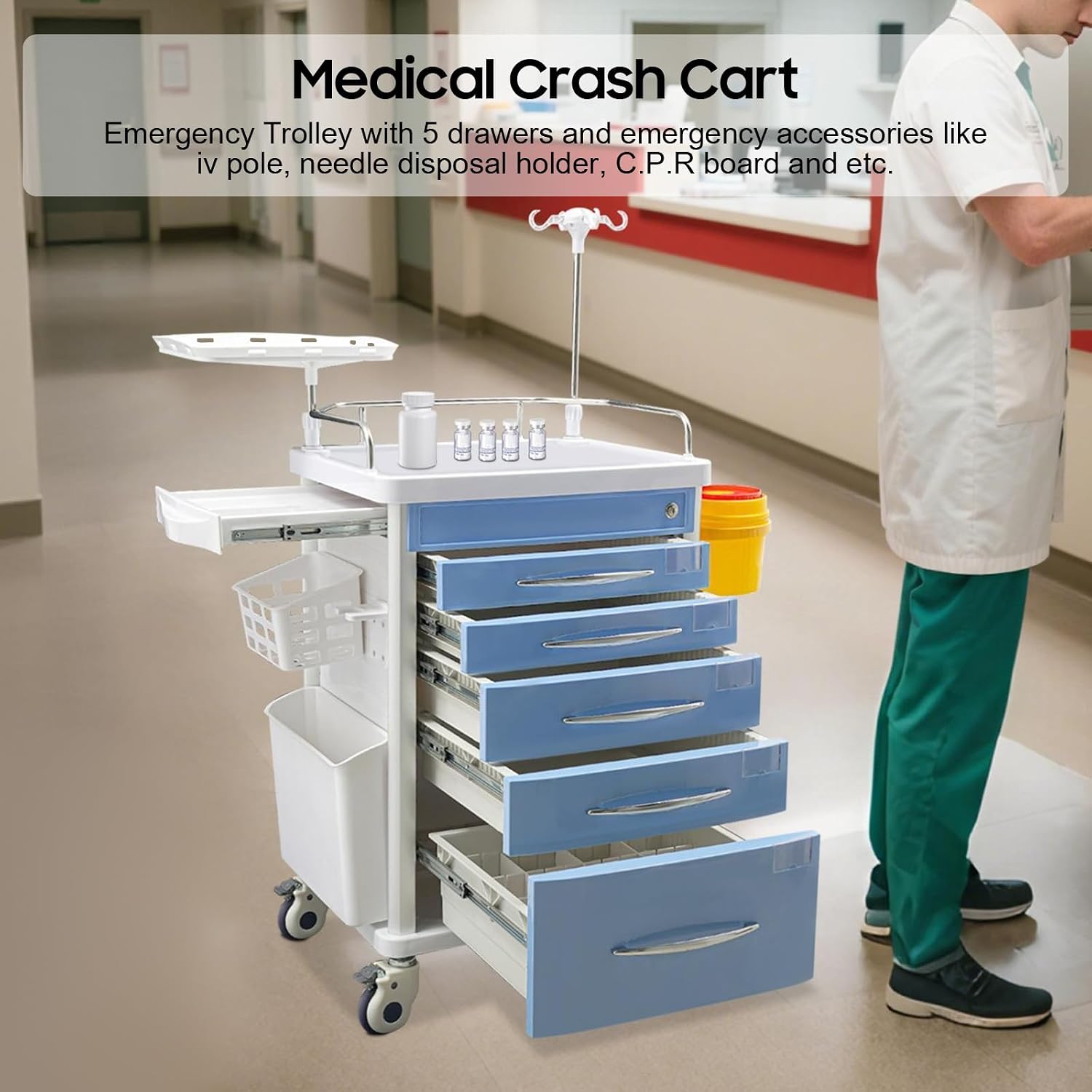 Medical Rolling Storage Crash Cart with Wheels & 5 Drawers, Hospital Mobile Ultrasound Med Cart with Power Strip