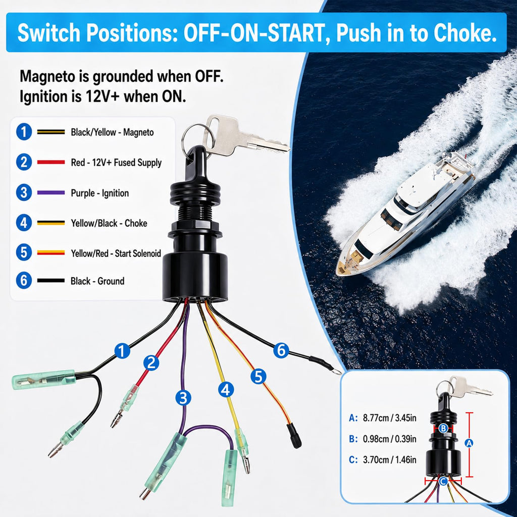 Boat Ignition Switch 3 Position 6 Wire Push to Choke for Outboard