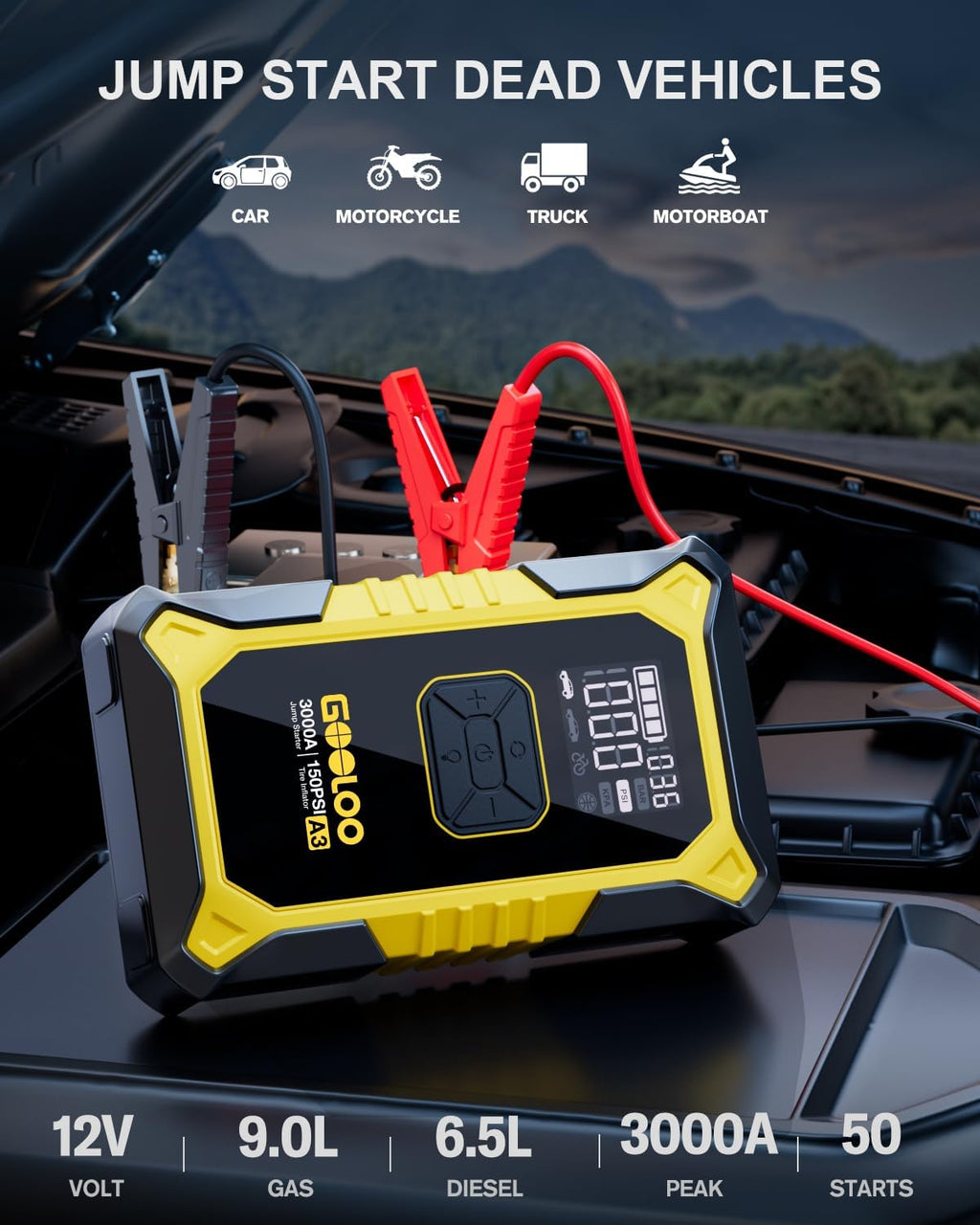 A3 Jump Starter with Air Compressor, 3000A Portable Car Battery Jumper Starter (9.0L Gas/6.5L Diesel) with 150PSI