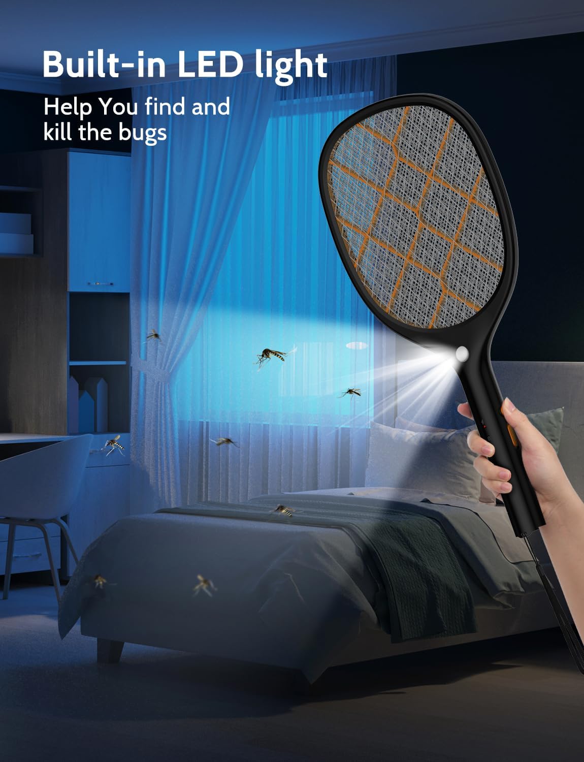 Electric Fly Swatter Bug Zapper Racket 4000V Rechargeable Mosquito Killer with LED Light for Indoor Home Office
