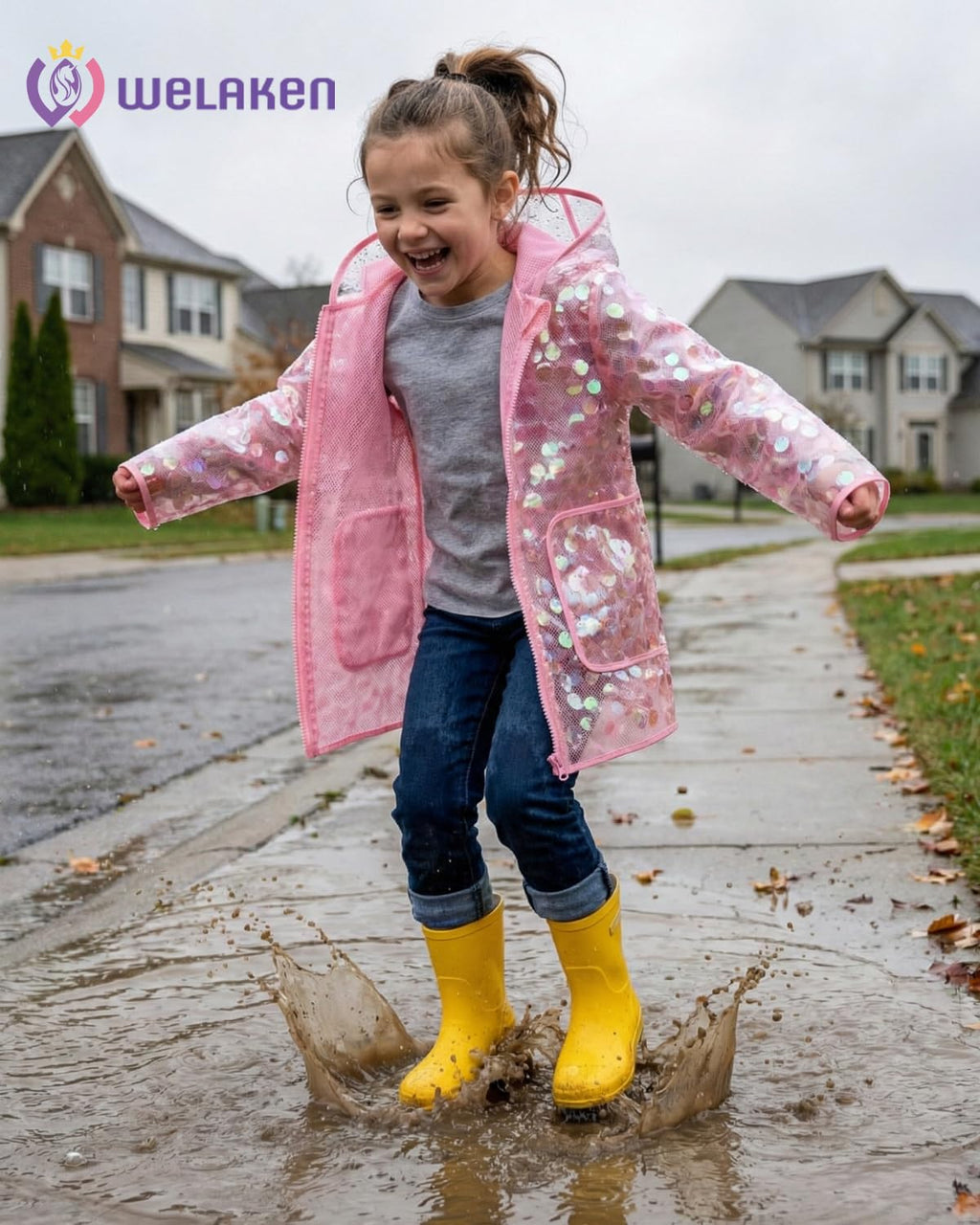 Girls Sequin Raincoat Waterproof Reusable Hooded Outwear Rain Jacket