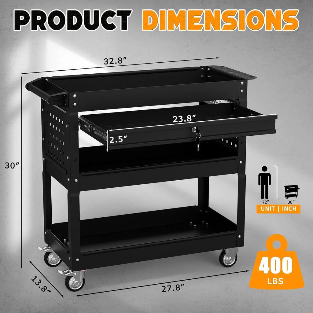 3 Tier Tool Cart on Wheels with Drawers - Three Tier Rolling Cart with Lockable Storage - Mechanic Tool Chest - Tool