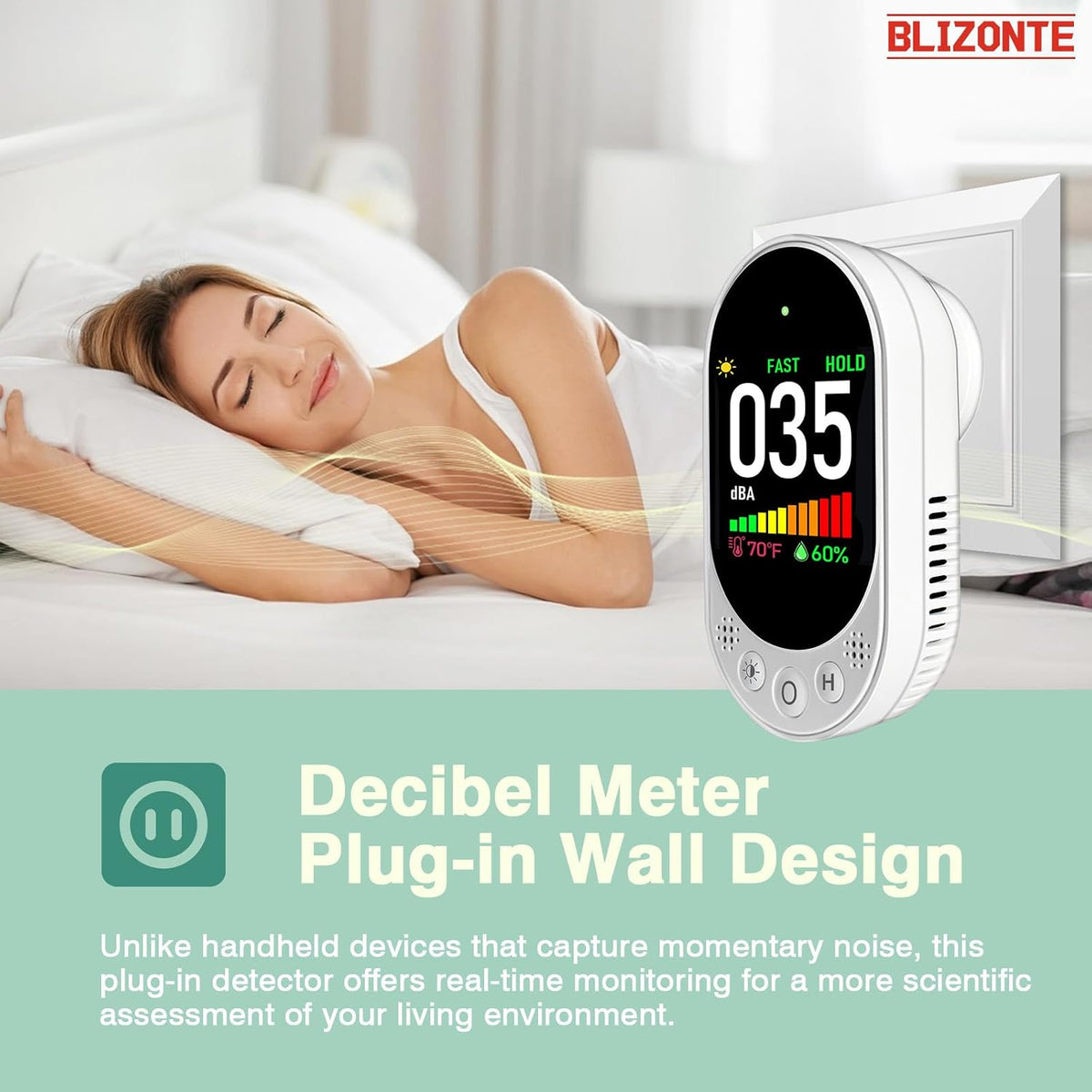 Decibel Meter Plug-in Wall, 3-in-1 Noise Detector(Noise,Temp and Humidity) with Fast/Slow Refresh Rate, MAX/MIN and Data Hold, 30–130 dBA Decibel Range for Rentals, Home, Classroom, Library