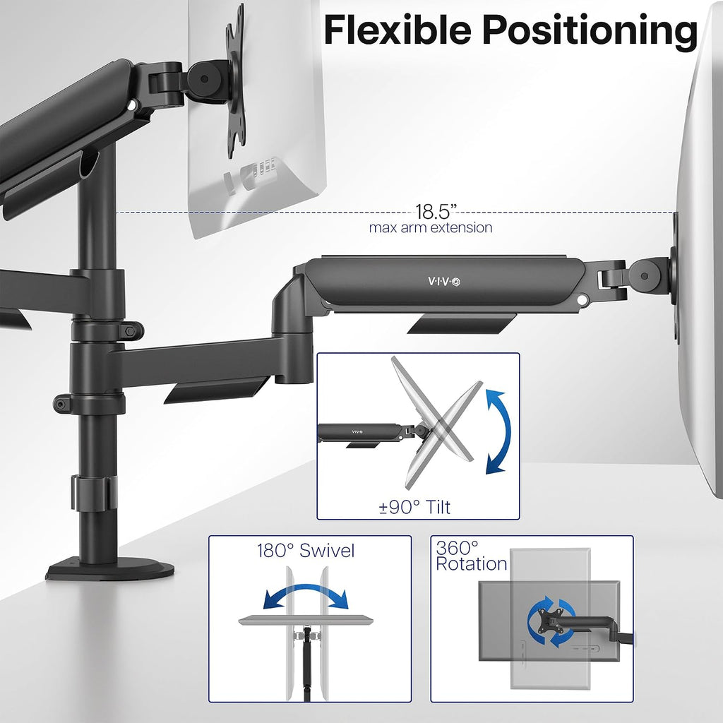 17 to 32 inch Dual Mechanical Monitor Mount, 2 Tension Spring Arms, Adjustable Swivel, Rotation, Heavy Duty VESA Desk