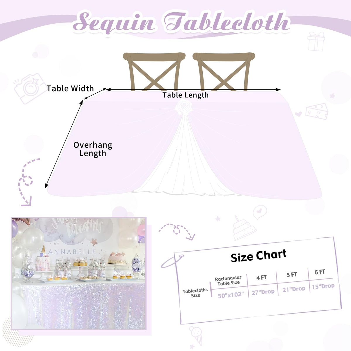 50x102 Inches Sequin Tablecloth Sparkle Iridescent Rectangle Table