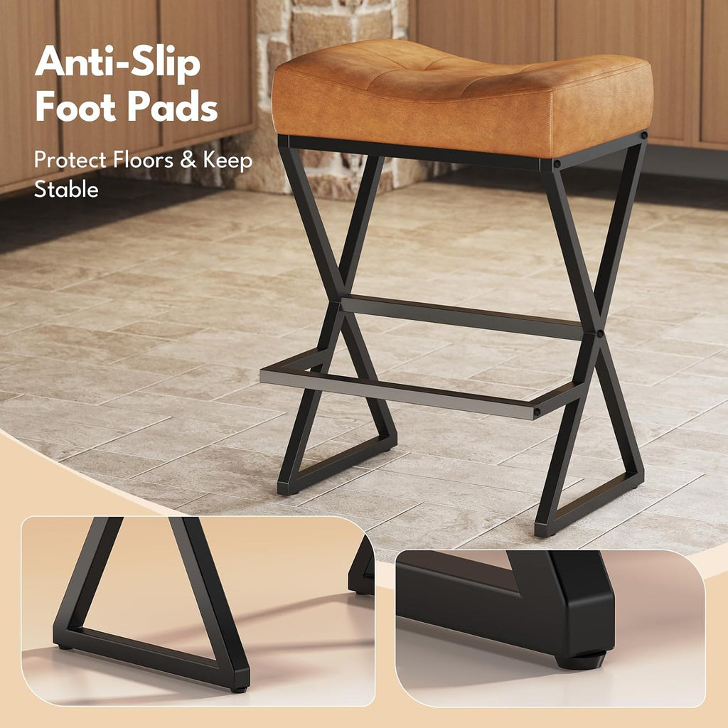 Counter Height Bar Stools, 26" Saddle Barstools with Footrest, 1 Pack Brown