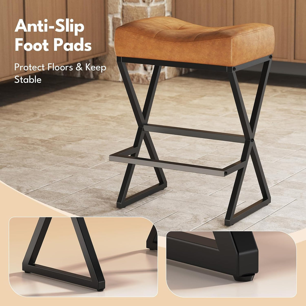 Counter Height Bar Stools, 26" Saddle Barstools with Footrest, 1 Pack Brown