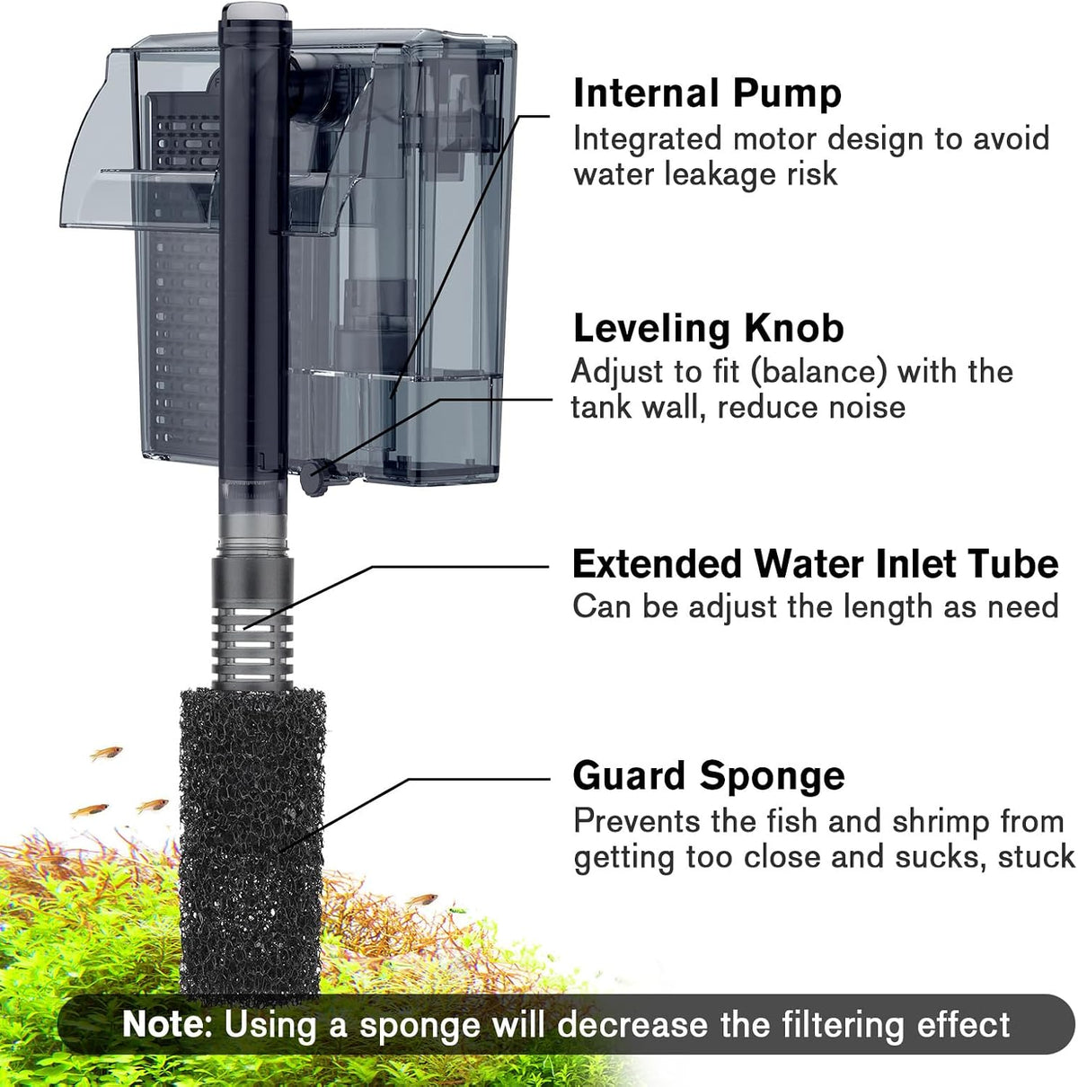 Aquarium HOB Filter 105 GPH for 10-20 Gallon Fish Tank Power Filter with Adjustable Water Flow Extendable Intake Tube