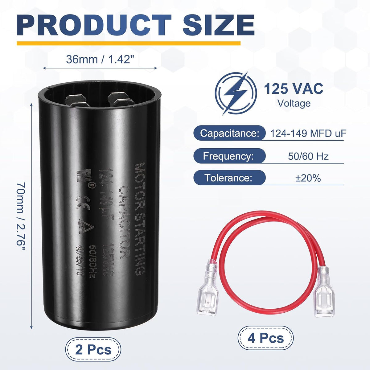 2 Pcs CD60 Run Capacitor 124-149 MFD UF 125 VAC 50/60Hz 36x70mm