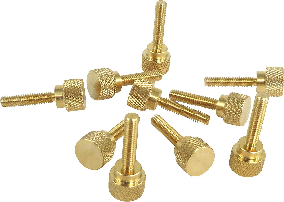10 Pack 8-32 x 3/4 Inch Threads Solid Brass Diamond Knurled Thumb Screws Knobs with Straight Shoulders Right-Hand Threads SAE Flat Tip Uncoated (8-32 x 3/4 inch Long Threads)