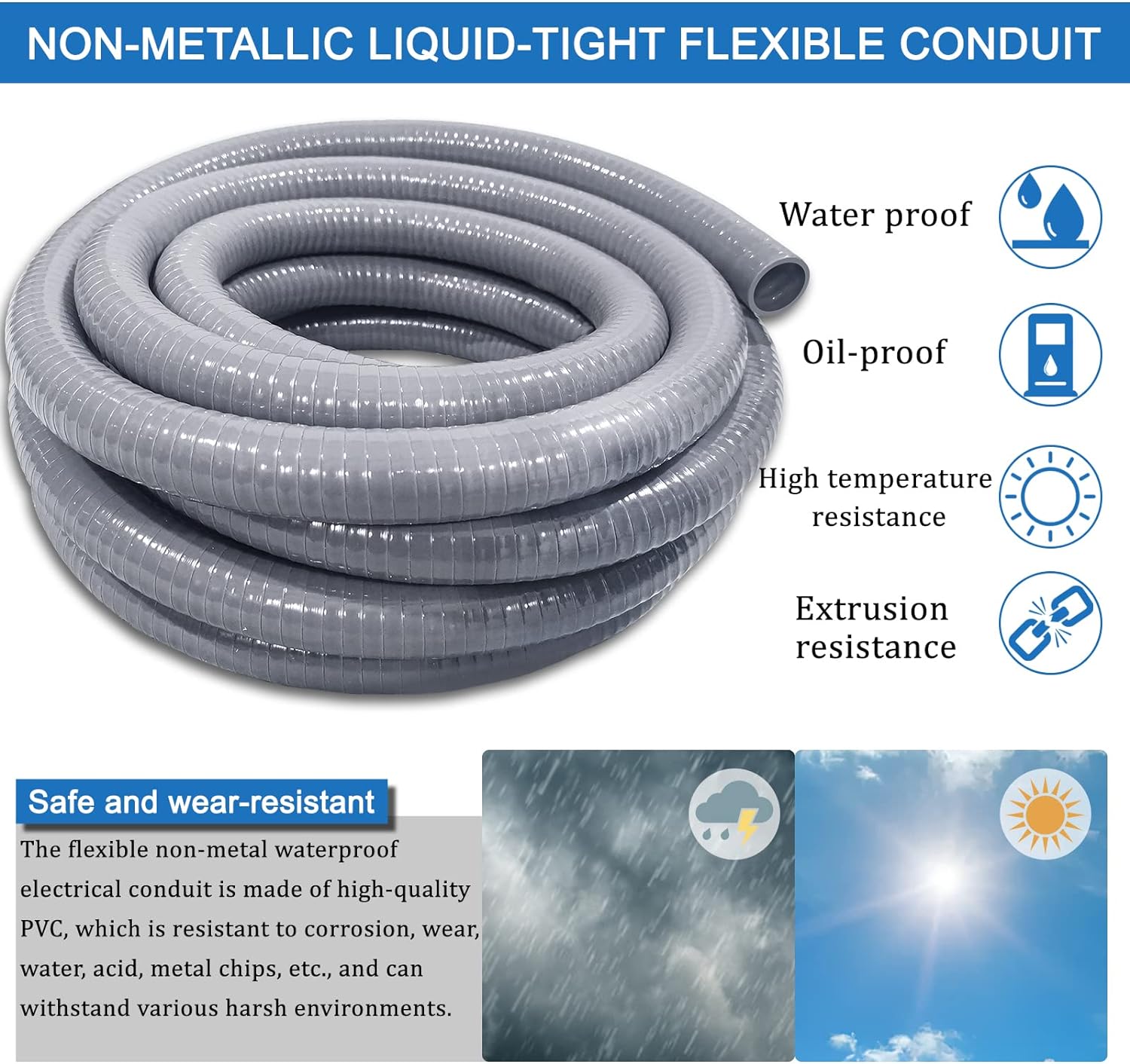 Liquid-Tight Conduit and Connector Kit 1/2 Inch 25 Ft,Flexible Non Metallic Liquid Tight Electrical Conduit UL