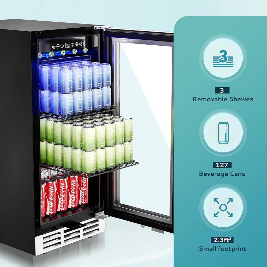 15 Inch Beverage Refrigerator, 127 Can Under Counter Refrigerator