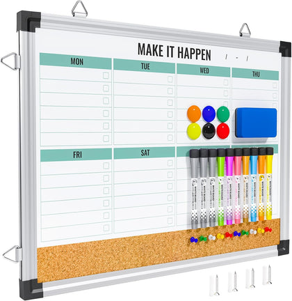 Weekly Dry Erase Board and Cork Board Combo for Wall, 17"x13" Reversible Hanging Dry Erase Board, Double Sided White