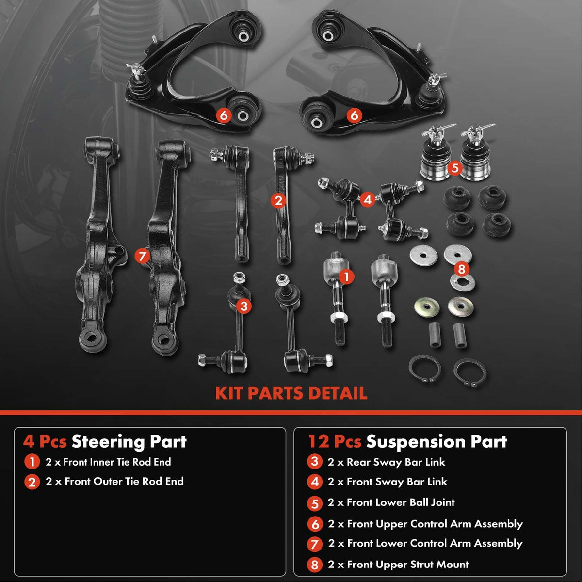A-Premium 16Pcs Suspension Kit, Front Upper Lower Control Arm, Tie Rod End