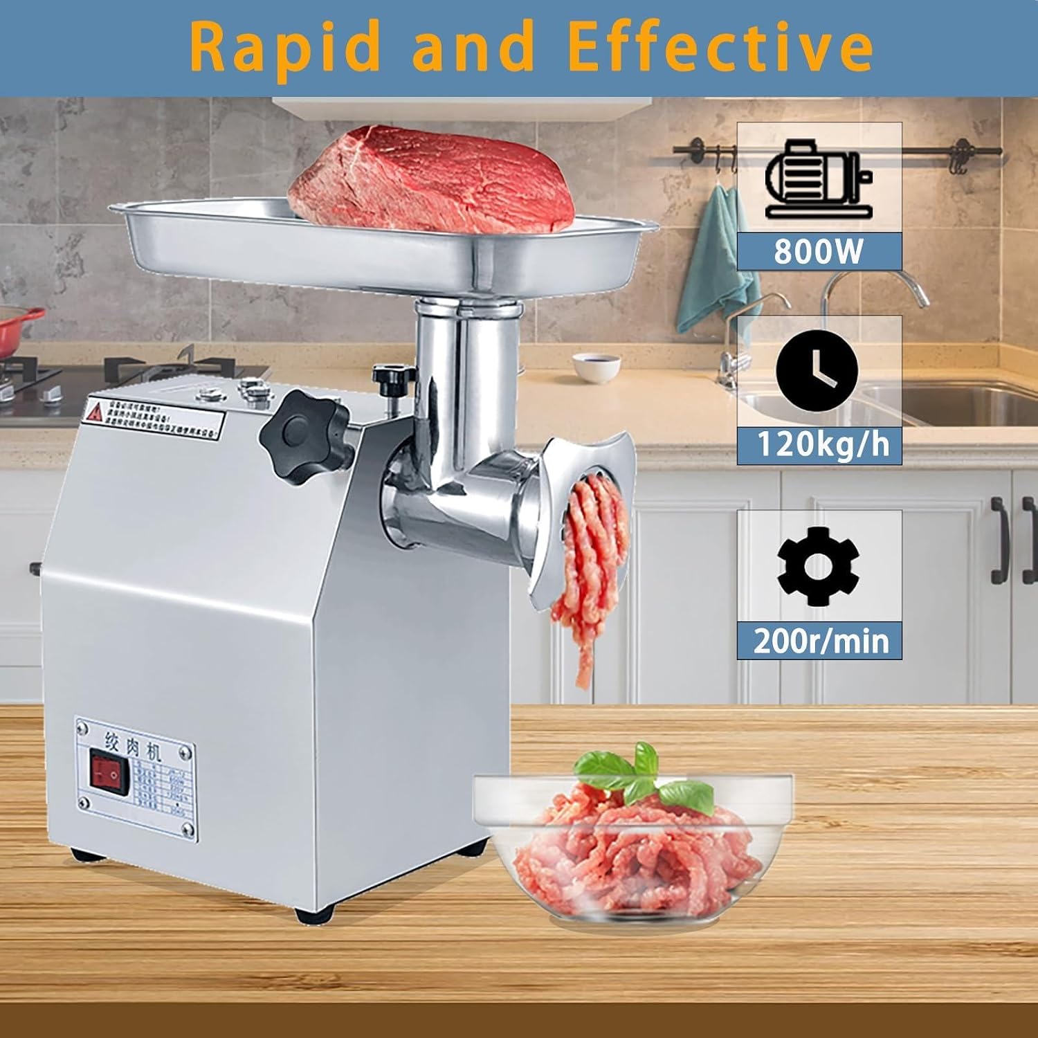 Commercial Electric Meat Grinder 800w - Heavy Duty 120KG/h High Capacity with Copper Motor, ETL Certified. Includes
