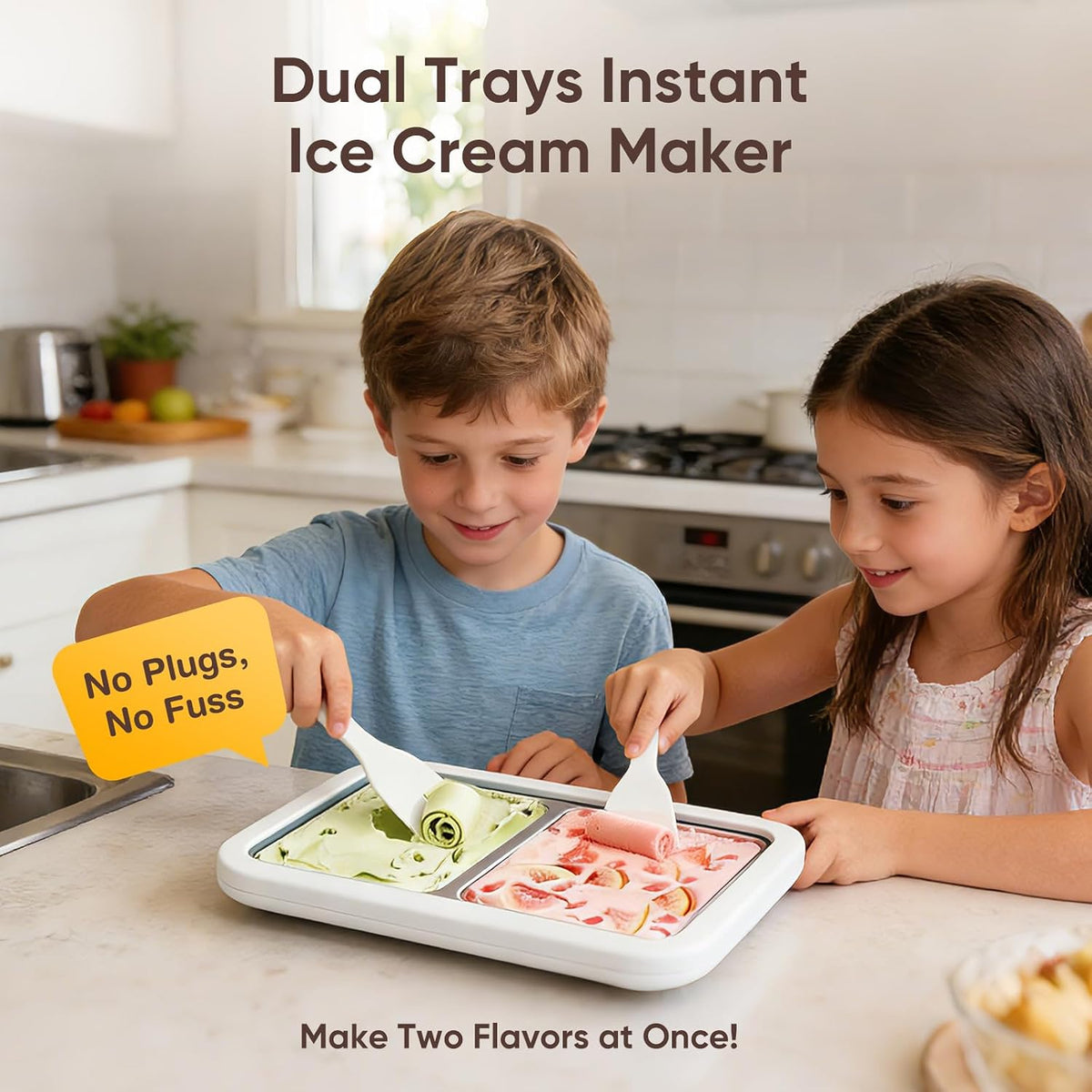 Rolled Ice Cream Maker, Dual Trays Instant Ice Cream Maker with 4 Spatulas