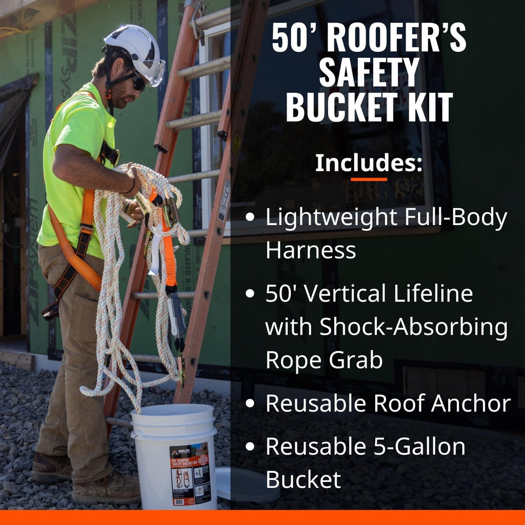 50’ Roofer's Safety Bucket Kit – Warthog Pass-Thru Safety Harness, Reusable Roof Anchor, and 50’ Vertical Lifeline