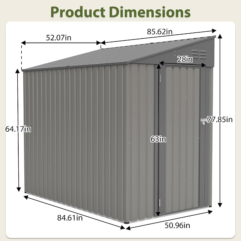 4x7 FT Outdoor Storage Shed,Lean to Lockable Metal Garden Shed Steel with Reinforced Beams,All Weather Waterproof