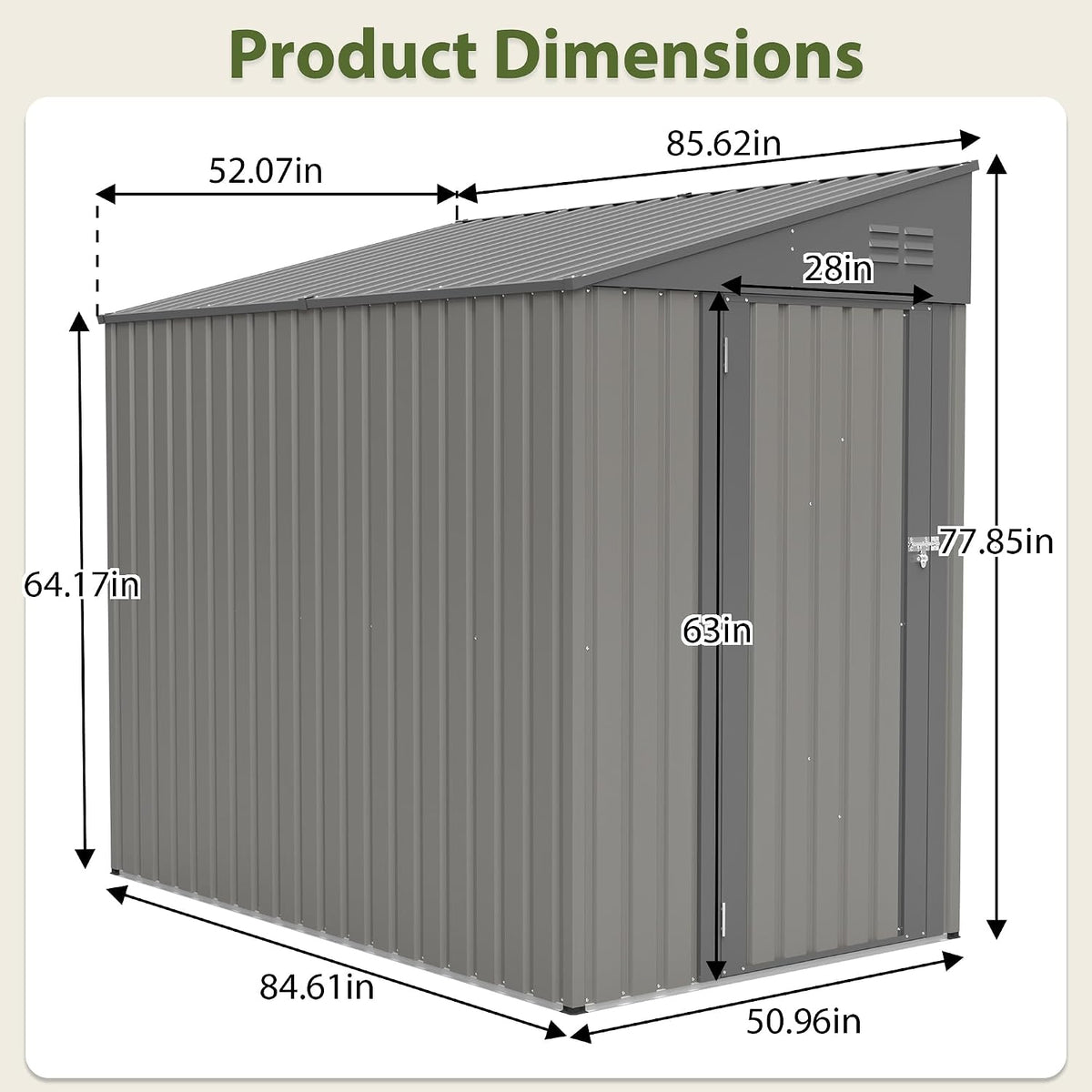 4x7 FT Outdoor Storage Shed,Lean to Lockable Metal Garden Shed Steel with Reinforced Beams,All Weather Waterproof