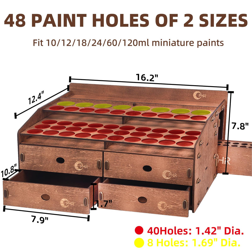 Paint Organizer Rack, Wooden Paint Holder with 48 Holes & 4 Drawers