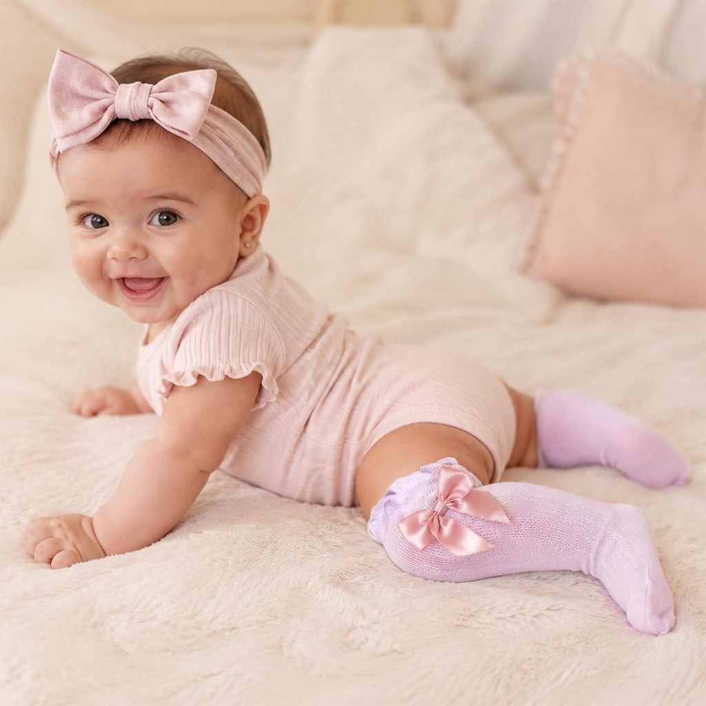 Baby Girls Knee High Socks Newborn Infants Cotton Bow Ruffle Long Socks | Toddlers Preemie Girl Long Socks, Non Slip