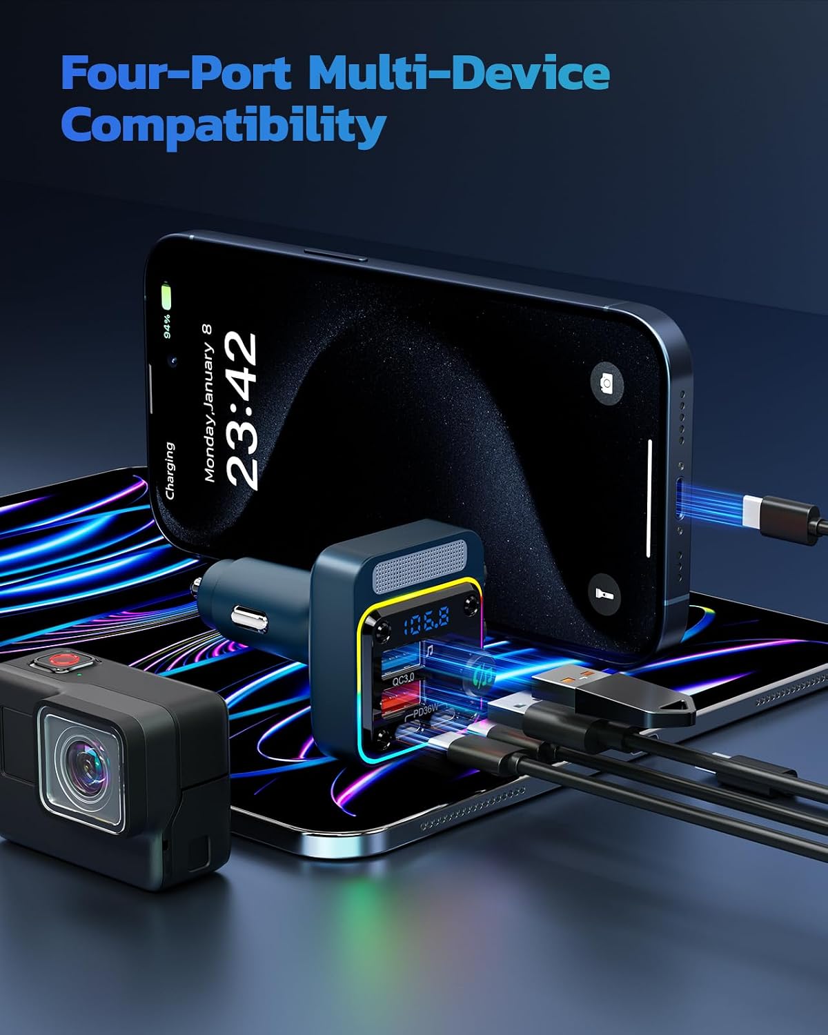 54W Bluetooth 5.3 Car Adapter, FM Transmitter 4-Port Fast Charging | Wireless FM Radio Music Player with Deep Bass, 5