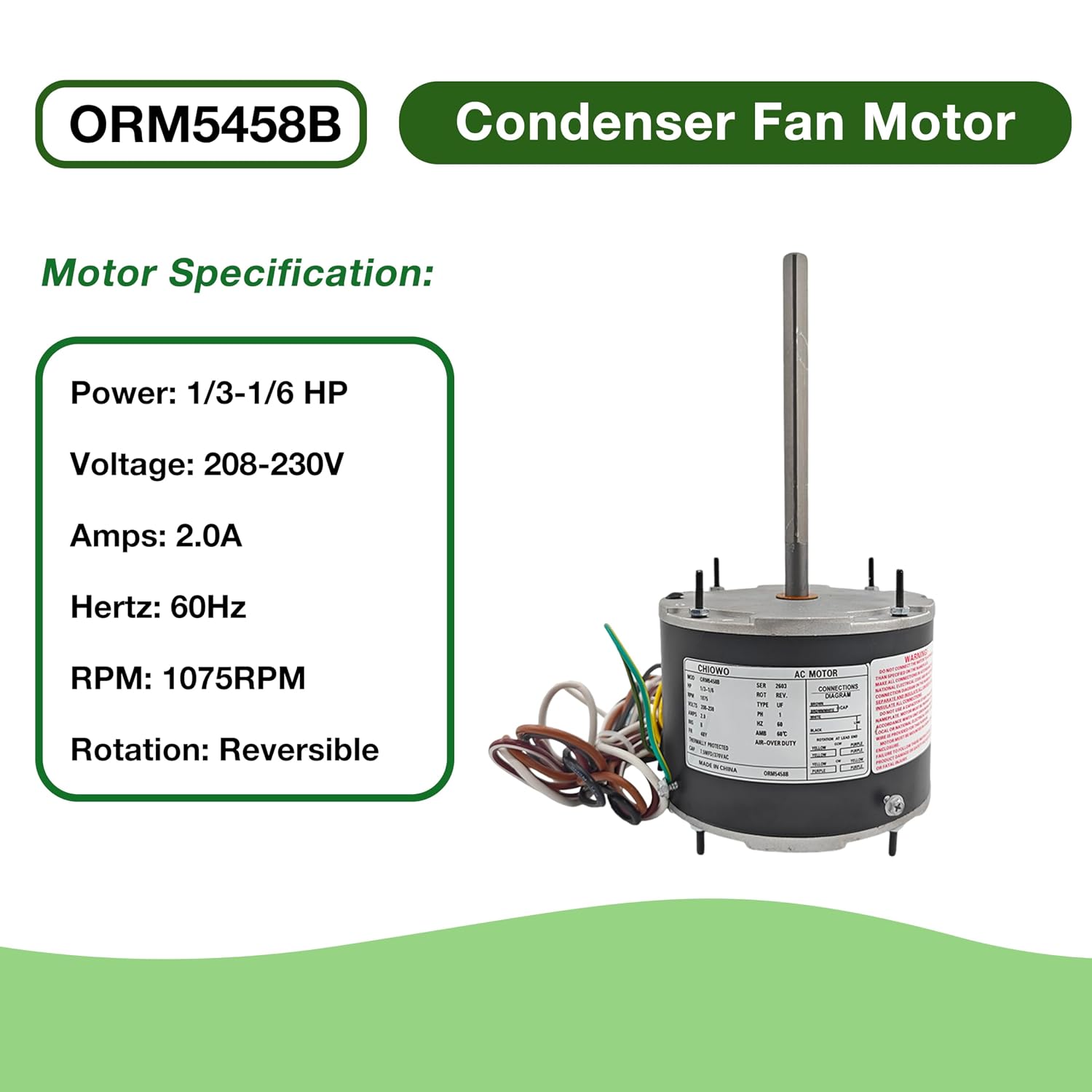 ORM5458B Condenser Fan Motor 1/3 – 1/6 HP 1075 RPM 208-230V 2.0A | Ball Bearing Compatible with A.O. Smith F48U23A01