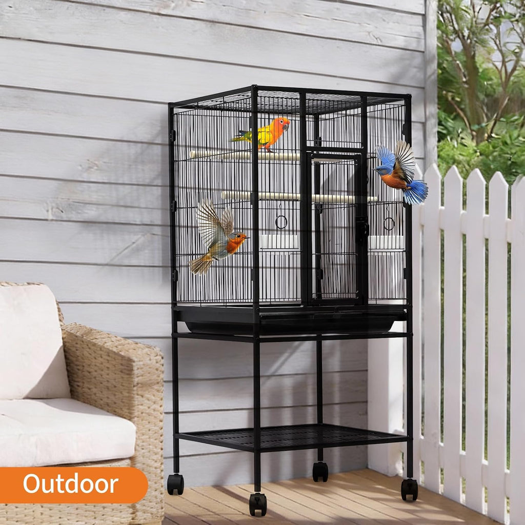 Spacious Flight Bird Cage with Rolling Stand & Storage Shelf - Durable Wrought Iron Parrot Home w/Play Top & Bowls
