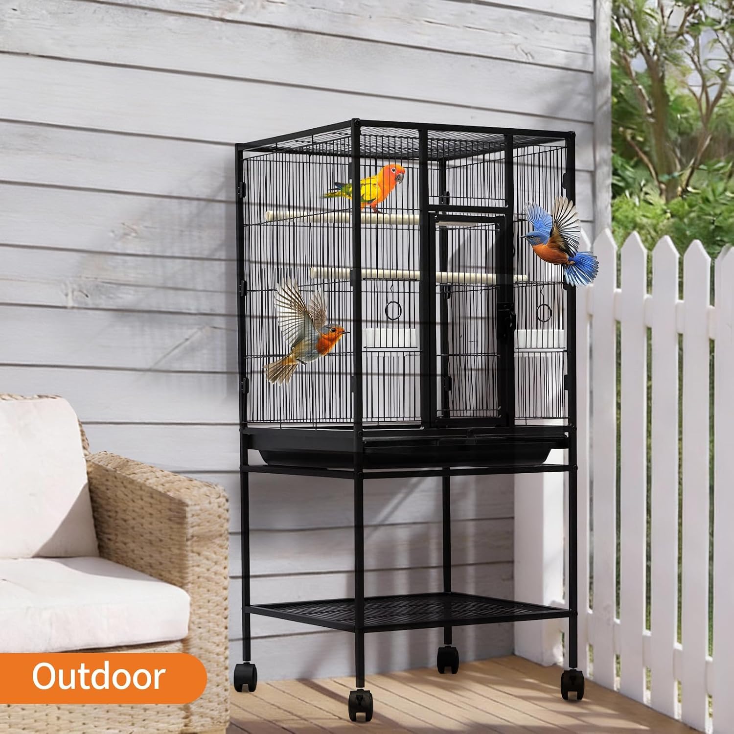 Spacious Flight Bird Cage with Rolling Stand & Storage Shelf - Durable Wrought Iron Parrot Home w/Play Top & Bowls